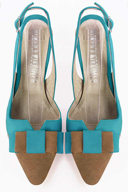 Caramel brown and turquoise blue women's open back shoes, with a knot. Tapered toe. High slim heel. Top view - Florence KOOIJMAN